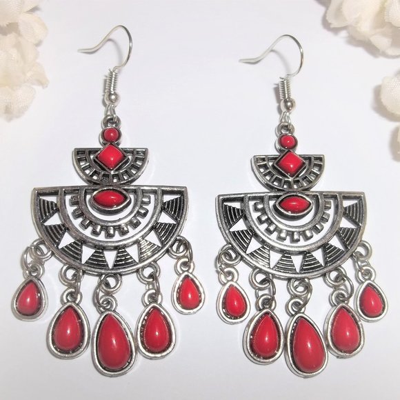 Chandelier Earring Red and Silver Dangle Drop Southwestern Boho Style Set A486 - Picture 1 of 5